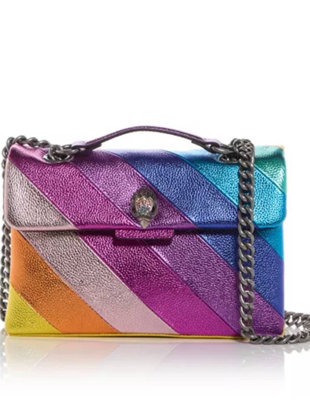 Metallic Rainbow Striped Shoulder Bag - Multicolor With Jeweled Bird